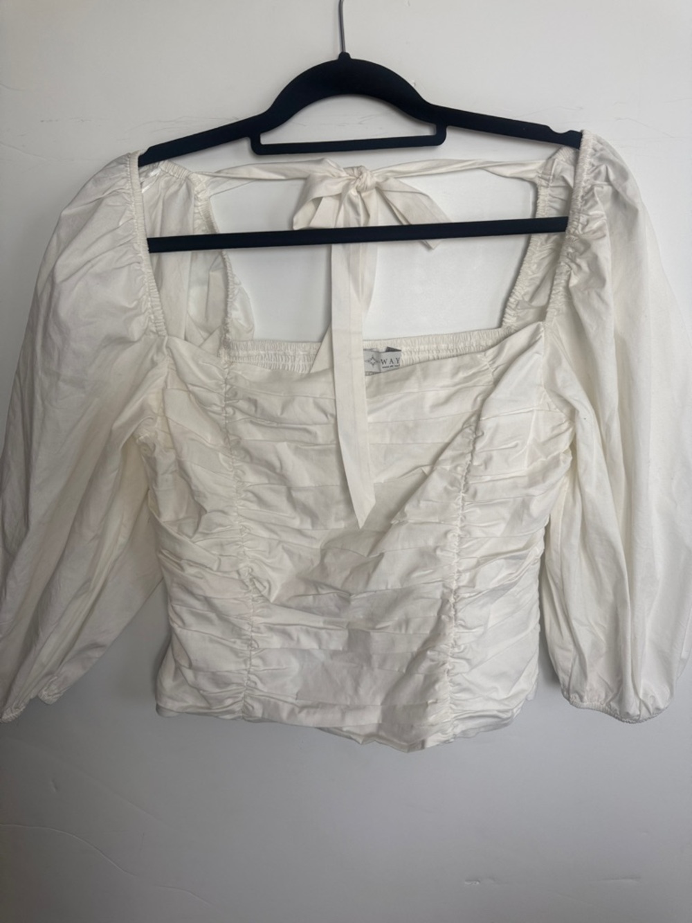 Wayf Cream Ruched Square-Neck Tie-Back Blouse